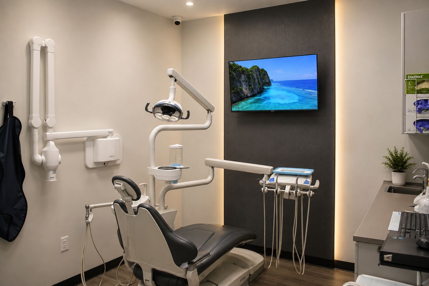 Treatment room with a wall-mounted X-ray arm and lead apron